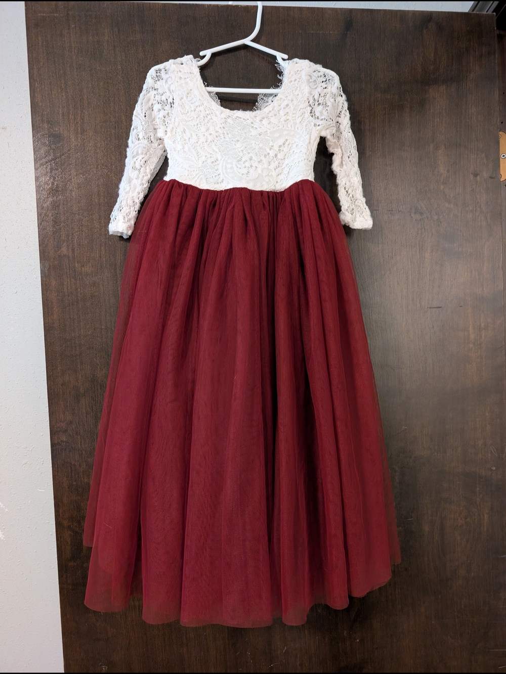 Girls White Lace Top Burgundy Tulle Party Dress